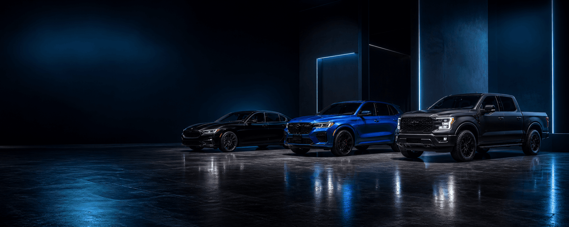 Premium dealership inventory in a dark SellFlow showroom